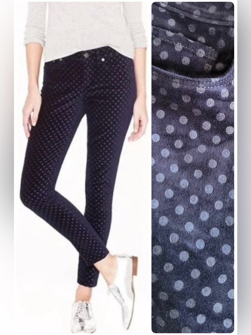 Ann Taylor Modern Fit Navy Velvet Polka Dot Skinny Pants Size 6 Mid Rise